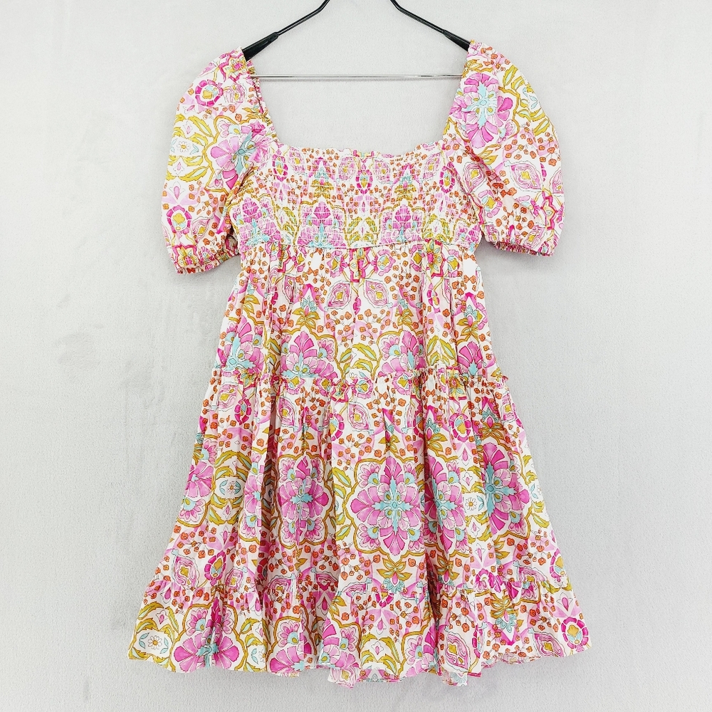 NEW MISA Kayla Pink Summer Floral Puff Sleeve Mini Dress P3100 - Picture 6 of 10